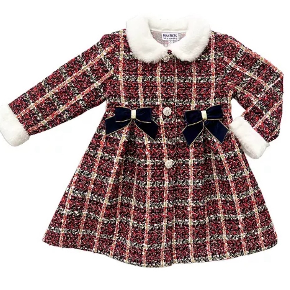 Blueberi Boulevard Red Plaid Dress with White Faux Fur Collar and Navy Bows